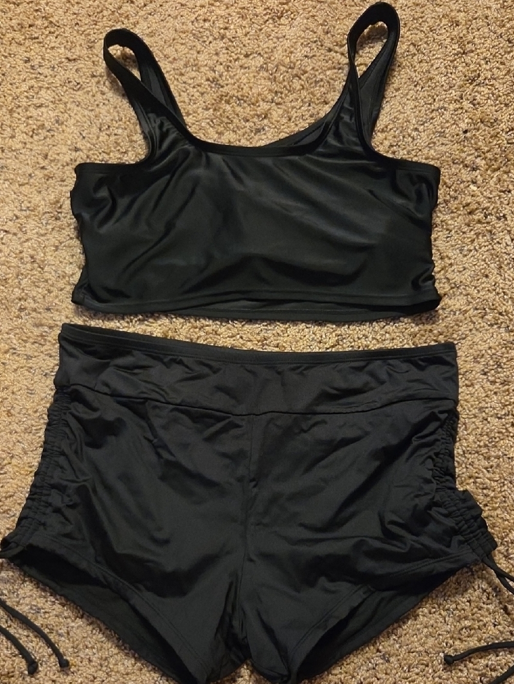 Women's Black Tankini Crop Top and Ruched Swim Shorts Set